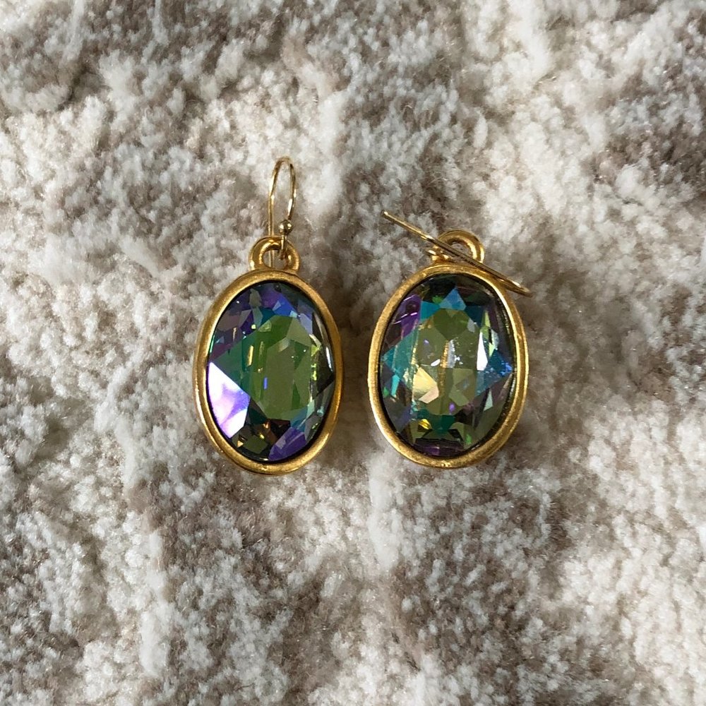 Gold Oval Earrings with Iridescent Stone